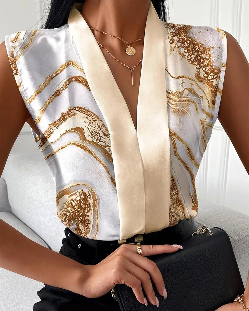 Women's Lady Print Sleeveless V-neck Elegant Women Blouse Top Streetwear Female Clothing