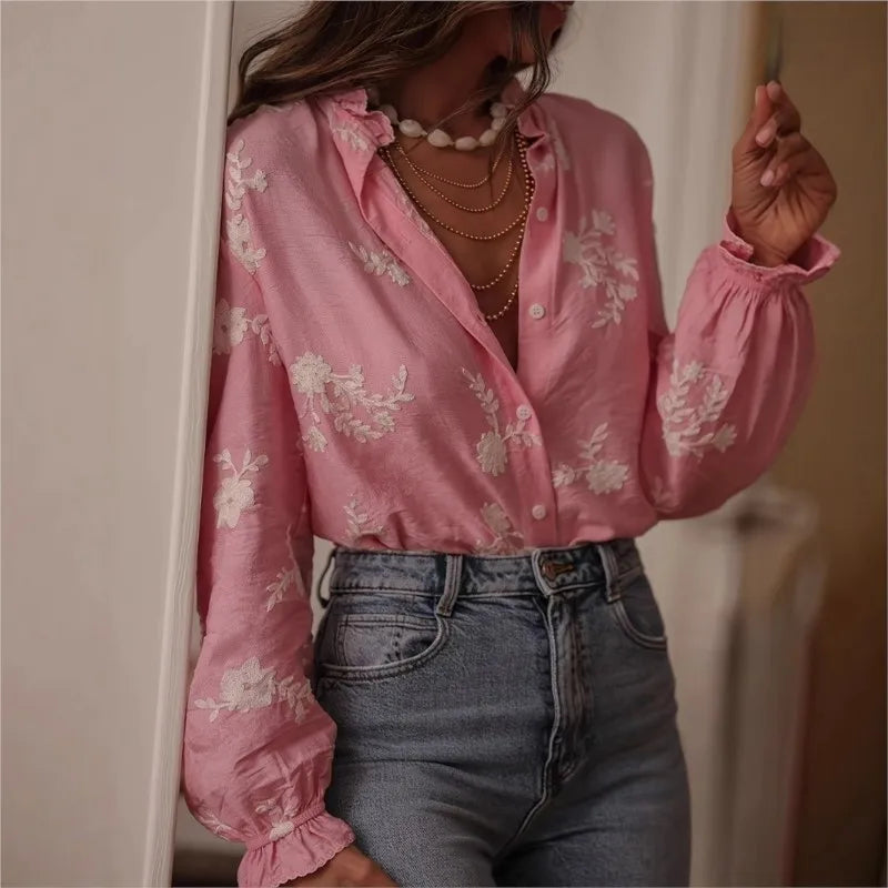 Women's Clothing 2025 Spring Autumn Fashion Casual Long-sleeved Printed Blouse with A Collar and Puff Sleeves Office Lady Shirt