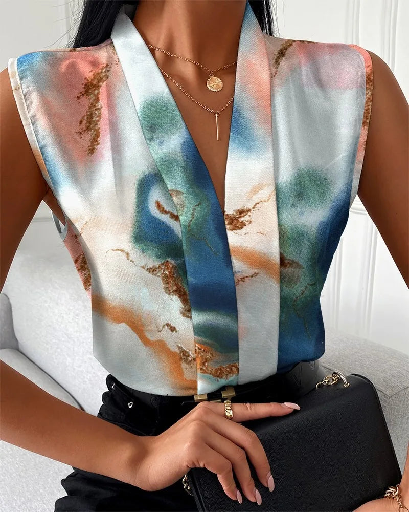 Women's Lady Print Sleeveless V-neck Elegant Women Blouse Top Streetwear Female Clothing