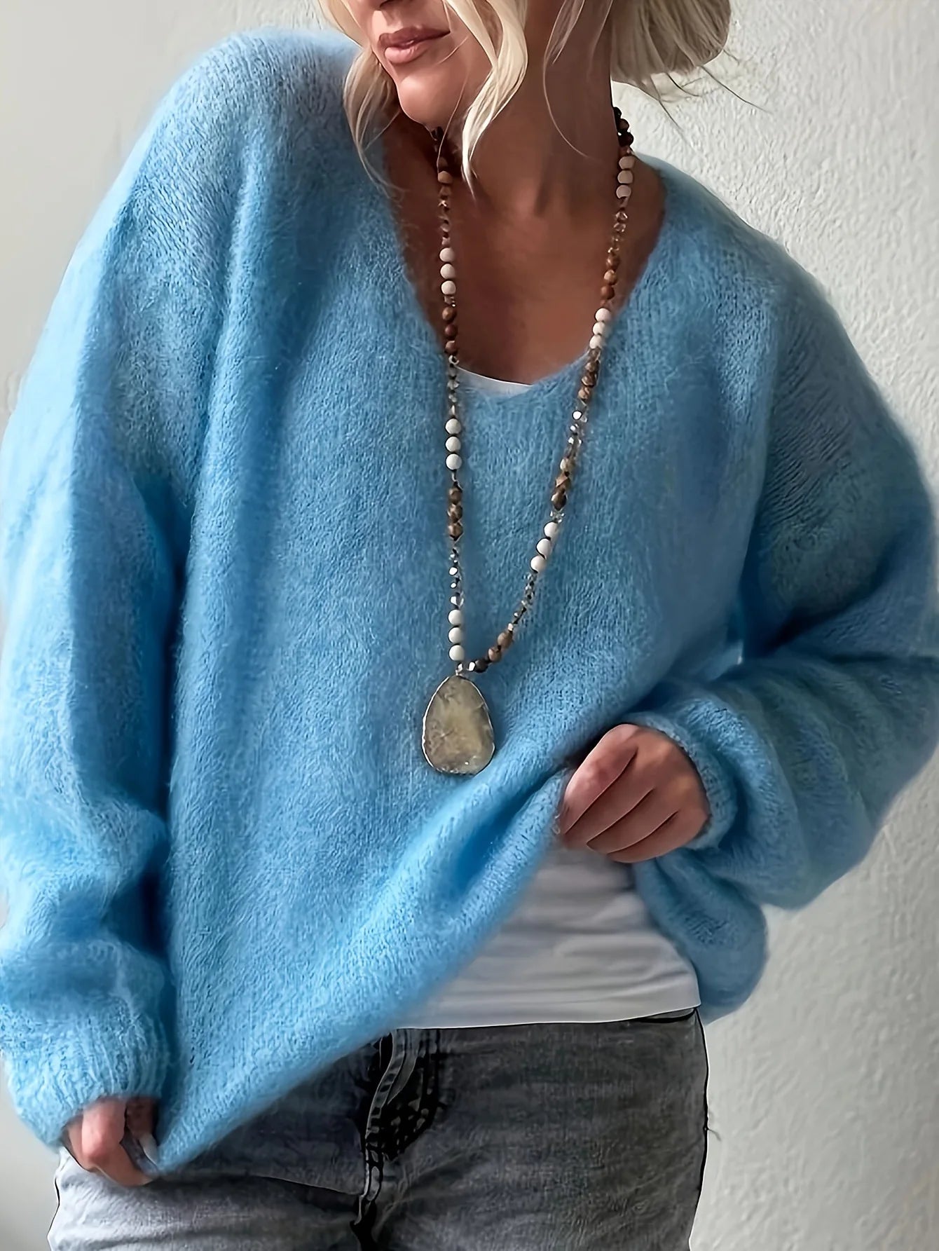 Lady Casual V Neck Sweater Fashion Solid Long Sleeve Pullover Soft Loose Sweaters Tops For Women Autumn Winter Womens Clothing