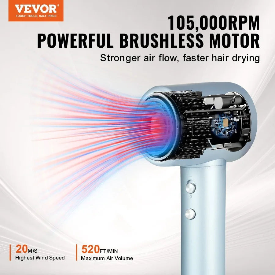 HighSpeed Hair Dryer with 105 000RPM Brushless Motor 200 Million Negative Ions Hair Blow Dryer 4 Temps 3 Speeds LCD Display Th