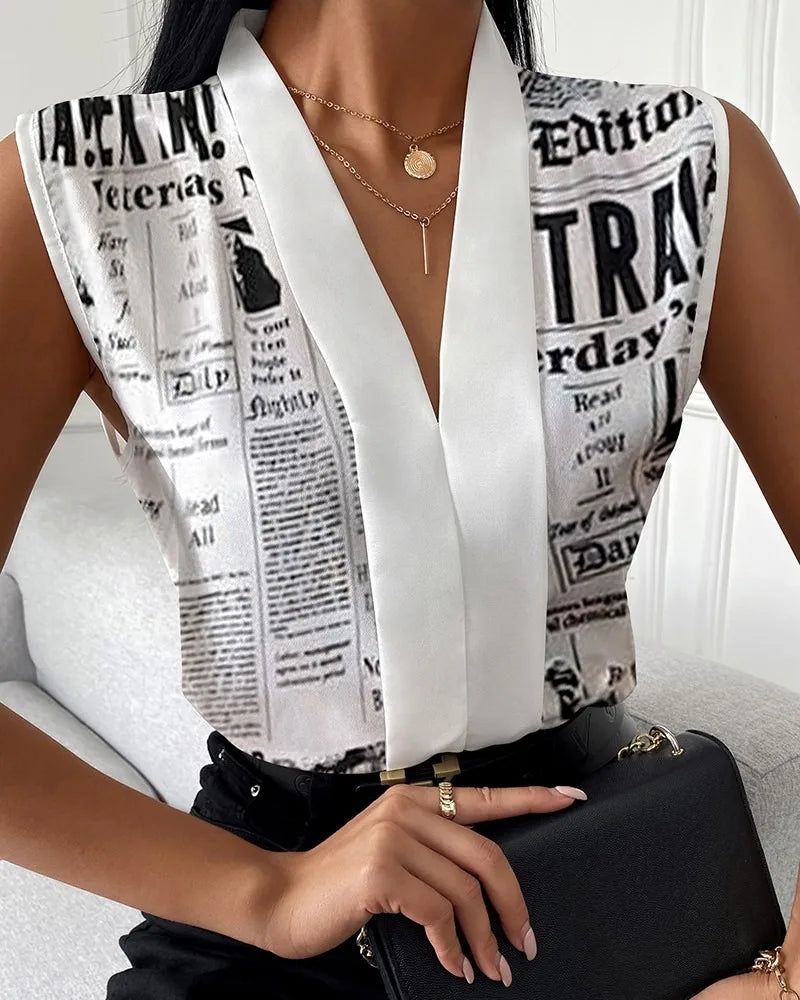Women's Lady Print Sleeveless V-neck Elegant Women Blouse Top Streetwear Female Clothing