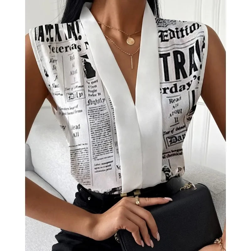 Women's Lady Print Sleeveless V-neck Elegant Women Blouse Top Streetwear Female Clothing