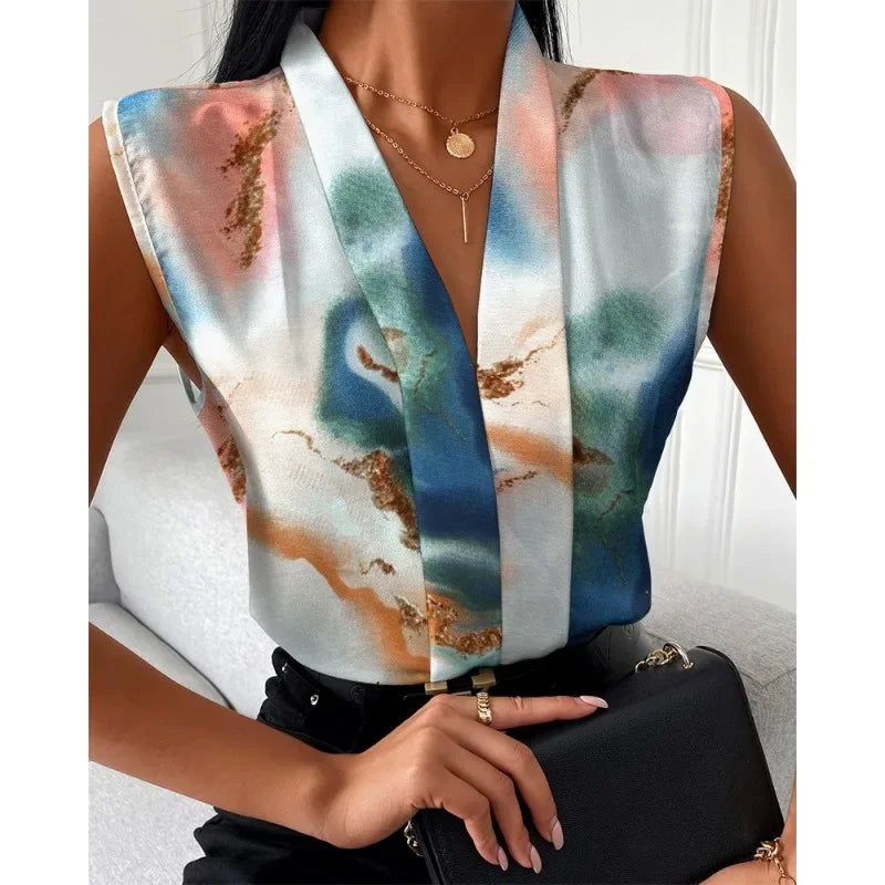 Women's Lady Print Sleeveless V-neck Elegant Women Blouse Top Streetwear Female Clothing