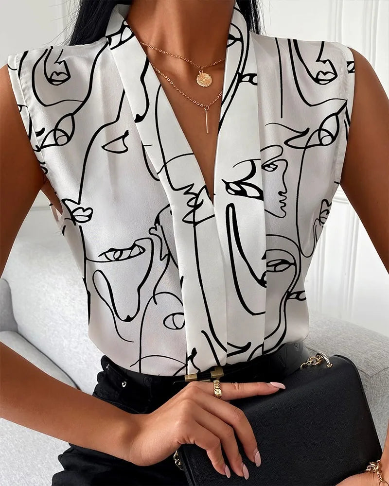 Women's Lady Print Sleeveless V-neck Elegant Women Blouse Top Streetwear Female Clothing